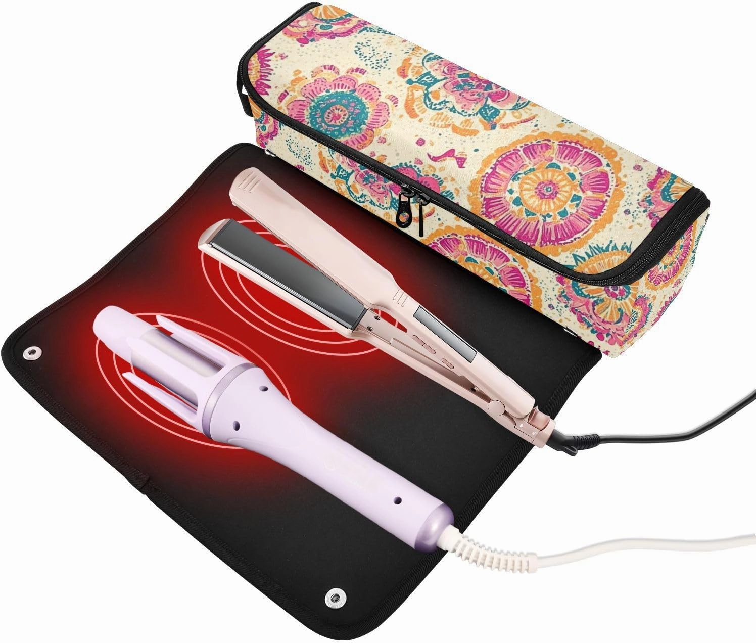 Hair Tools Travel Bag and Heat Resistant Mat Hair Tool Travel Case Portable Organizer for Women Flat Irons Straighteners Curling Iron and Hair Care Accessories Bright Pink Pattern