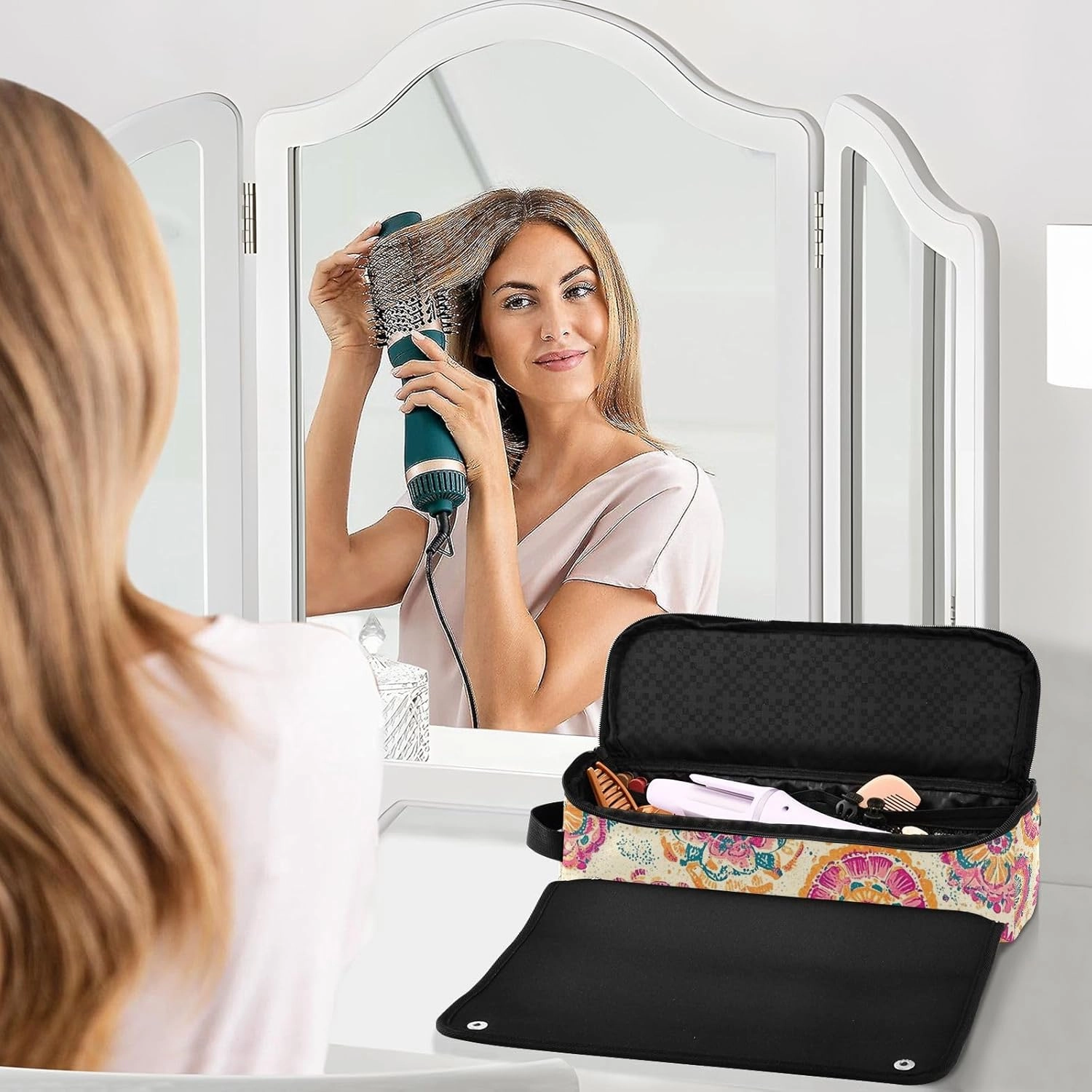 Hair Tools Travel Bag and Heat Resistant Mat Hair Tool Travel Case Portable Organizer for Women Flat Irons Straighteners Curling Iron and Hair Care Accessories Bright Pink Pattern