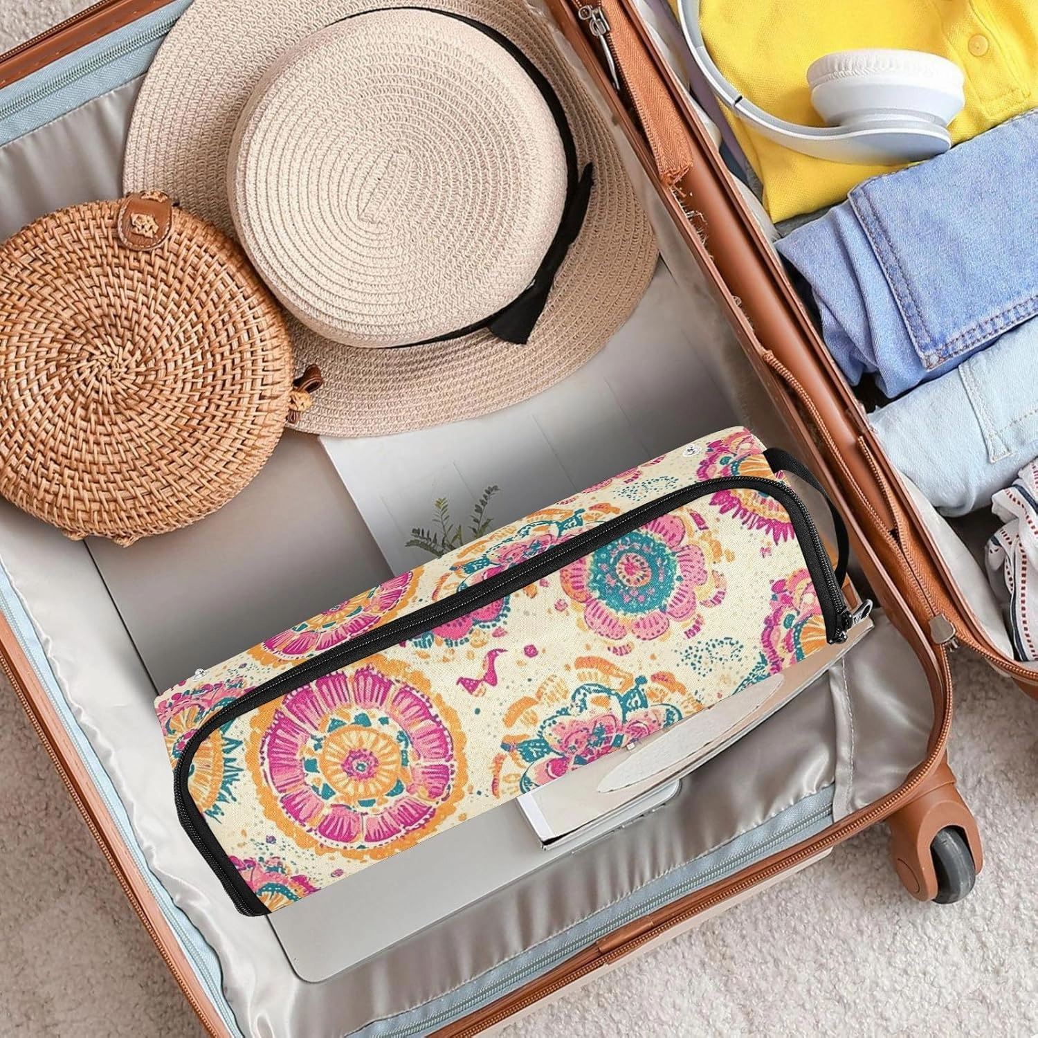 Hair Tools Travel Bag and Heat Resistant Mat Hair Tool Travel Case Portable Organizer for Women Flat Irons Straighteners Curling Iron and Hair Care Accessories Bright Pink Pattern