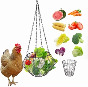 Hanging Chicken Feeder Accessories, Foldable 6.5Inch Large Poultry Vegetable Fruits Feeder Basket with 4pcs Hanging Chain, Veggie Treat Ball Boredom Toys for Chicken/Hens/Duck/Rabbits' Coop