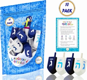 Hanukkah Dreidel Extra Large Blue & White 3" Inch Wooden Dreidels Hand Painted, Includes Game Instruction Cards- (10-Pack XL)