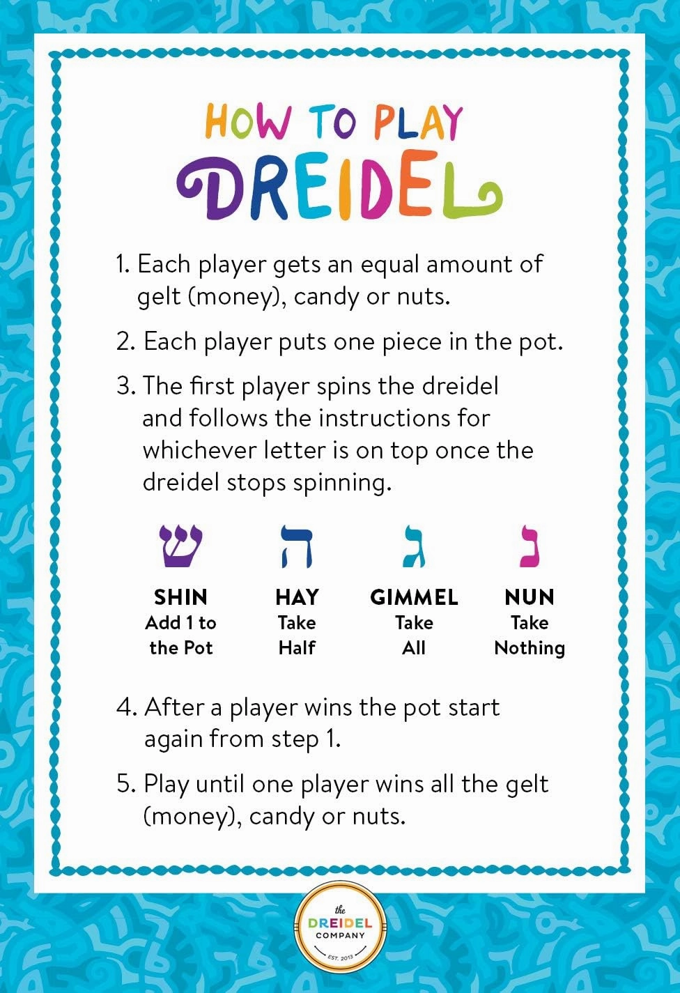 Hanukkah Dreidel Extra Large Blue & White 3" Inch Wooden Dreidels Hand Painted, Includes Game Instruction Cards- (10-Pack XL)