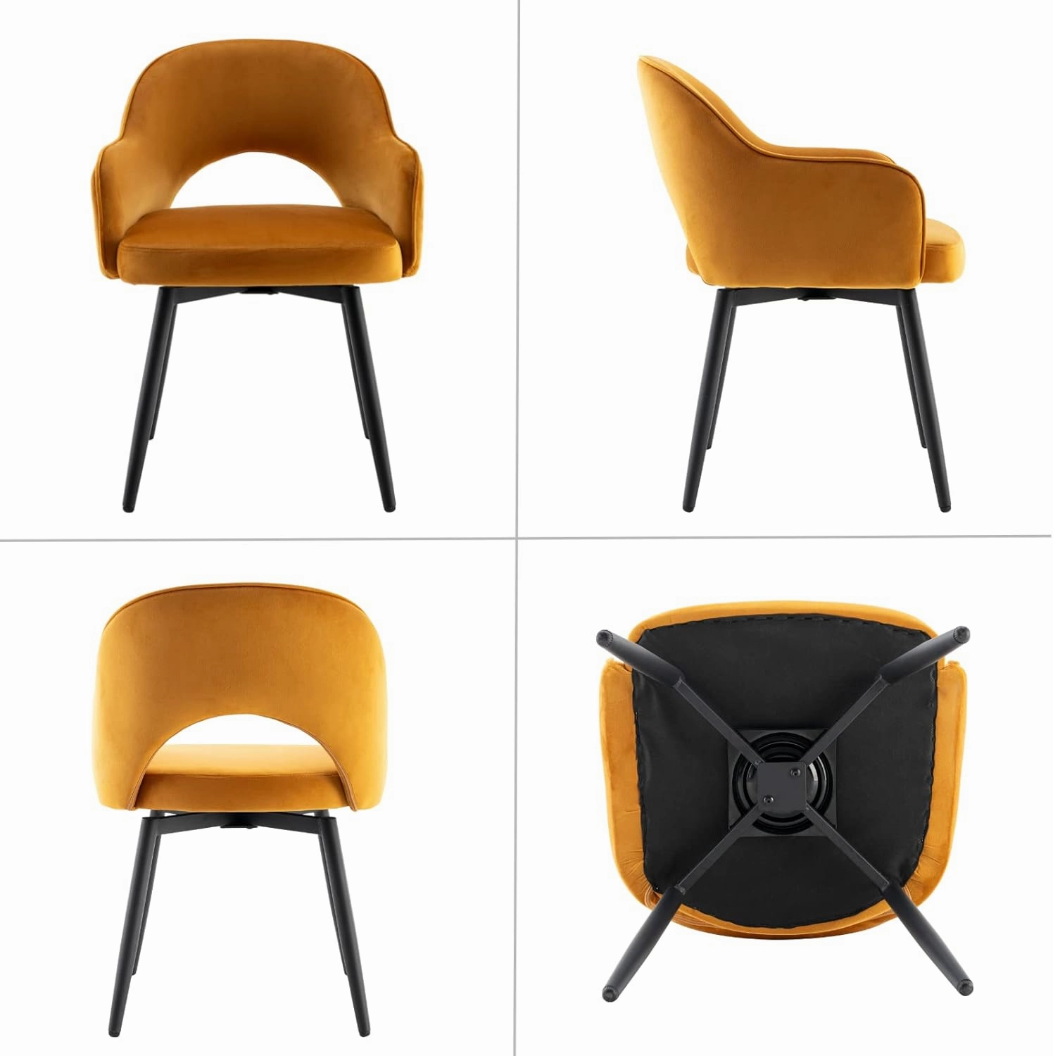 HEAH-YO Modern Swivel Accent Chairs Set of 2, Velvet Dining Chairs with Armrest and Black Metal Legs, Small Desk Chairs for Home Office Living Room Dining Room, Yellow