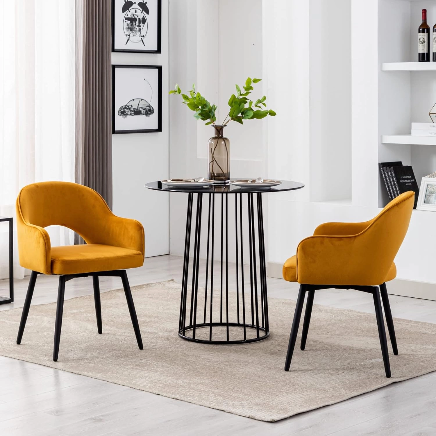 HEAH-YO Modern Swivel Accent Chairs Set of 2, Velvet Dining Chairs with Armrest and Black Metal Legs, Small Desk Chairs for Home Office Living Room Dining Room, Yellow