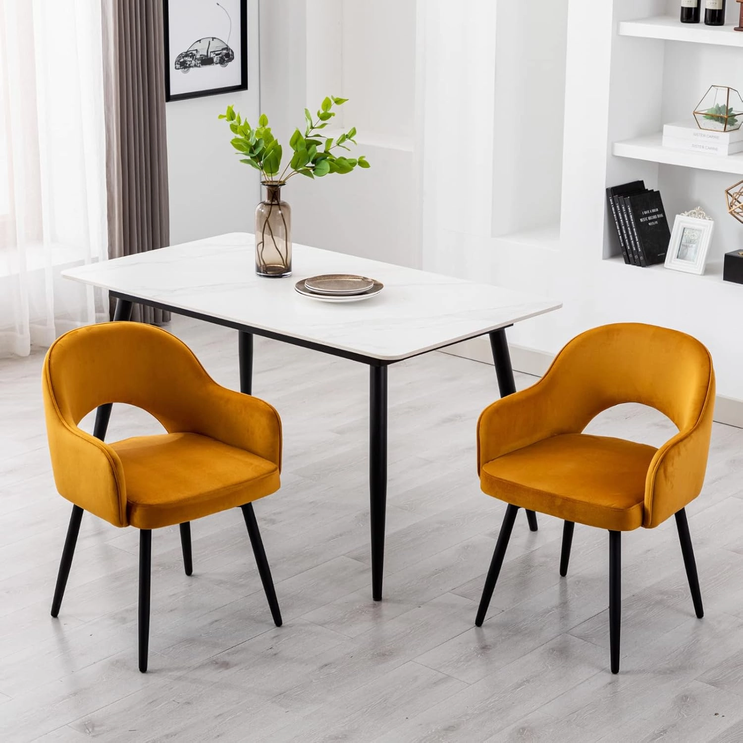 HEAH-YO Modern Swivel Accent Chairs Set of 2, Velvet Dining Chairs with Armrest and Black Metal Legs, Small Desk Chairs for Home Office Living Room Dining Room, Yellow