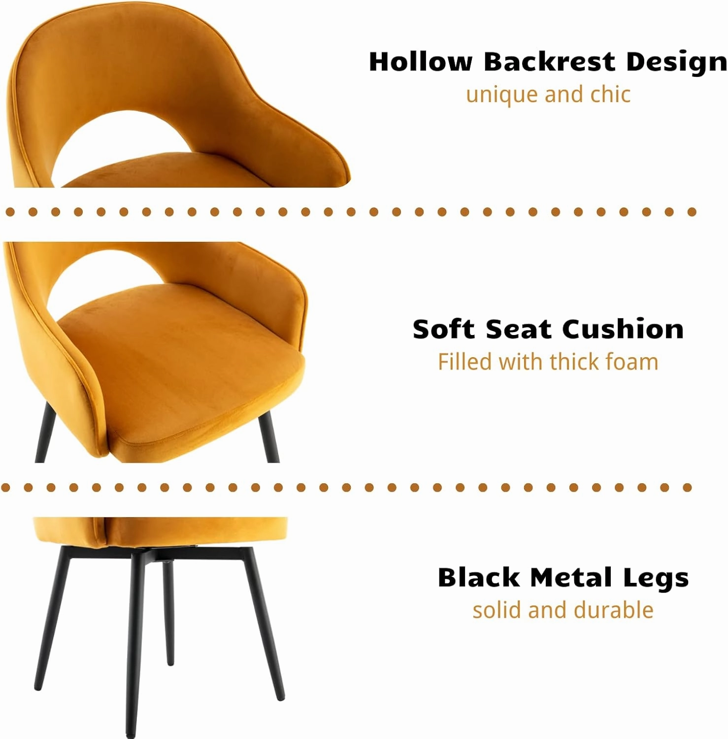 HEAH-YO Modern Swivel Accent Chairs Set of 2, Velvet Dining Chairs with Armrest and Black Metal Legs, Small Desk Chairs for Home Office Living Room Dining Room, Yellow