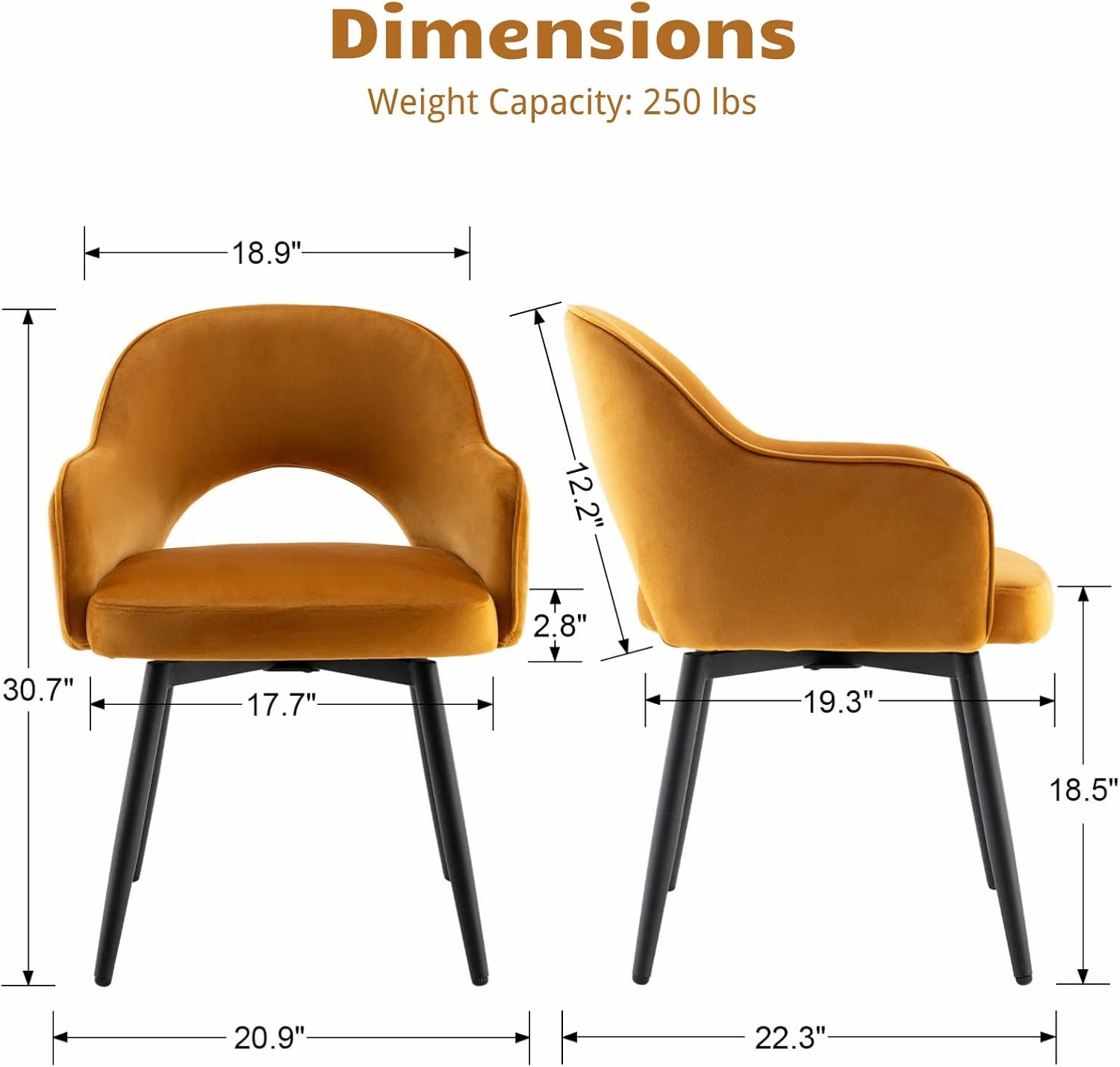 HEAH-YO Modern Swivel Accent Chairs Set of 2, Velvet Dining Chairs with Armrest and Black Metal Legs, Small Desk Chairs for Home Office Living Room Dining Room, Yellow