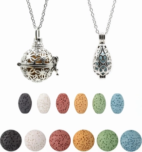HEDQFM 2 PCS Essential Oil Diffuser Necklace with a Gift Box,Hollow Ball and Teardrop Aromatherapy Pendant Locket Necklace with Adjustable Chain and Colored Lava Stone for Women