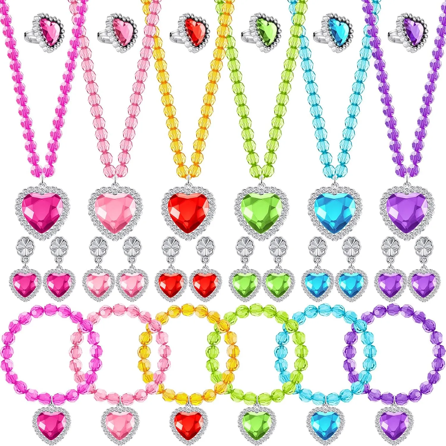 Henoyso 6 Set Princess Jewelry Dress Up Pretend Toy Colorful Jewelry Set with Necklace Bracelet Rings Earrings Princess Costume Beaded Toy Necklace for Party Favors Costume