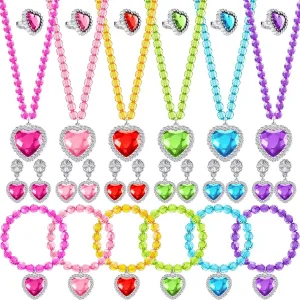 Henoyso 6 Set Princess Jewelry Dress Up Pretend Toy Colorful Jewelry Set with Necklace Bracelet Rings Earrings Princess Costume Beaded Toy Necklace for Party Favors Costume