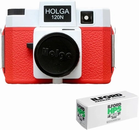 Holga 120N Plastic Medium Format Film Camera (Red/White) Bundle with Ilford HP5 Plus Black and White Negative Film ISO 400 (120 Roll Film)