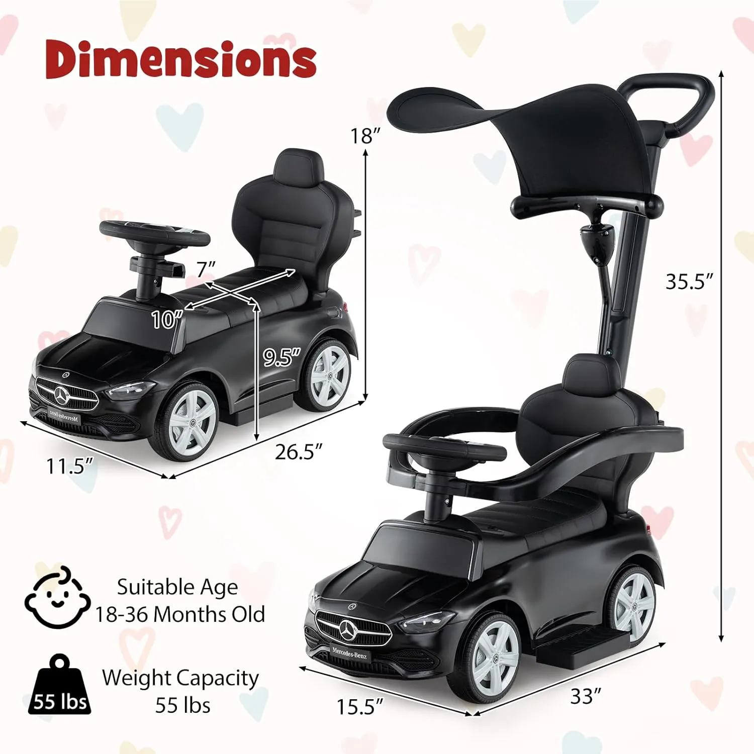 HONEY JOY Ride On Push Car, Licensed Mercedes-Benz Push Cars for Toddlers, Adjustable Canopy & Seat Storage, Horn, Toddler Push Car with Handle, Ride On Toy for Boys Girls(Black)