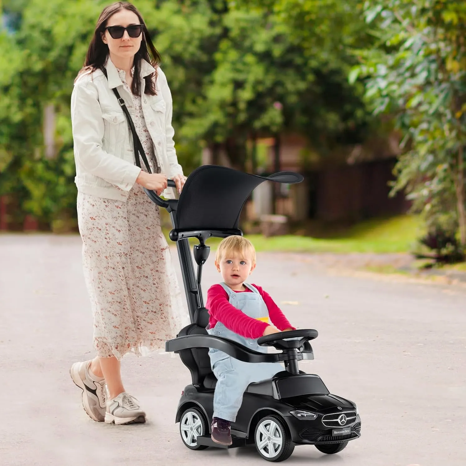 HONEY JOY Ride On Push Car, Licensed Mercedes-Benz Push Cars for Toddlers, Adjustable Canopy & Seat Storage, Horn, Toddler Push Car with Handle, Ride On Toy for Boys Girls(Black)