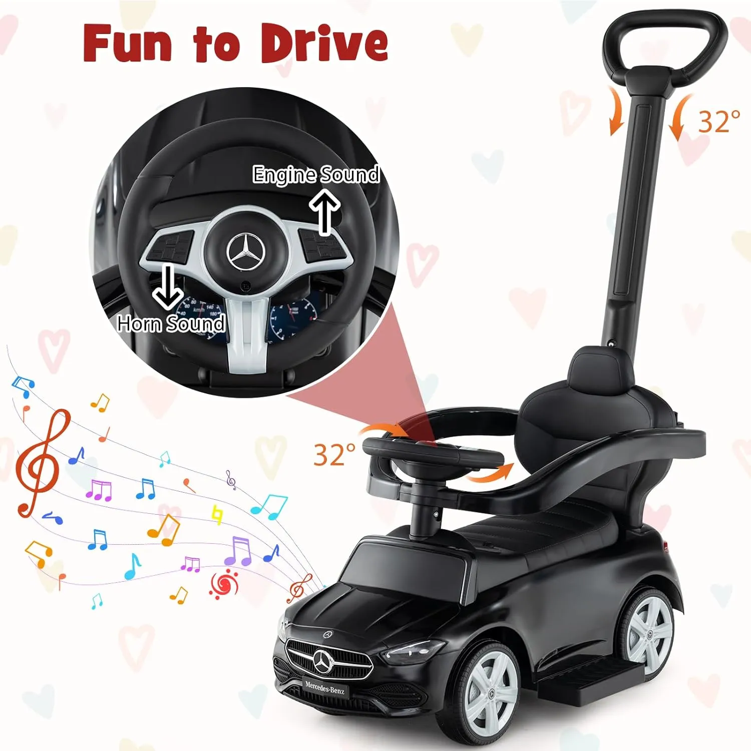 HONEY JOY Ride On Push Car, Licensed Mercedes-Benz Push Cars for Toddlers, Adjustable Canopy & Seat Storage, Horn, Toddler Push Car with Handle, Ride On Toy for Boys Girls(Black)