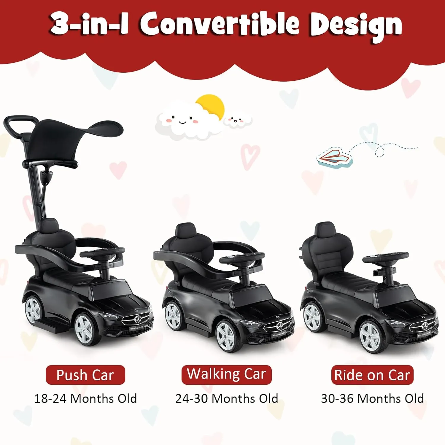 HONEY JOY Ride On Push Car, Licensed Mercedes-Benz Push Cars for Toddlers, Adjustable Canopy & Seat Storage, Horn, Toddler Push Car with Handle, Ride On Toy for Boys Girls(Black)