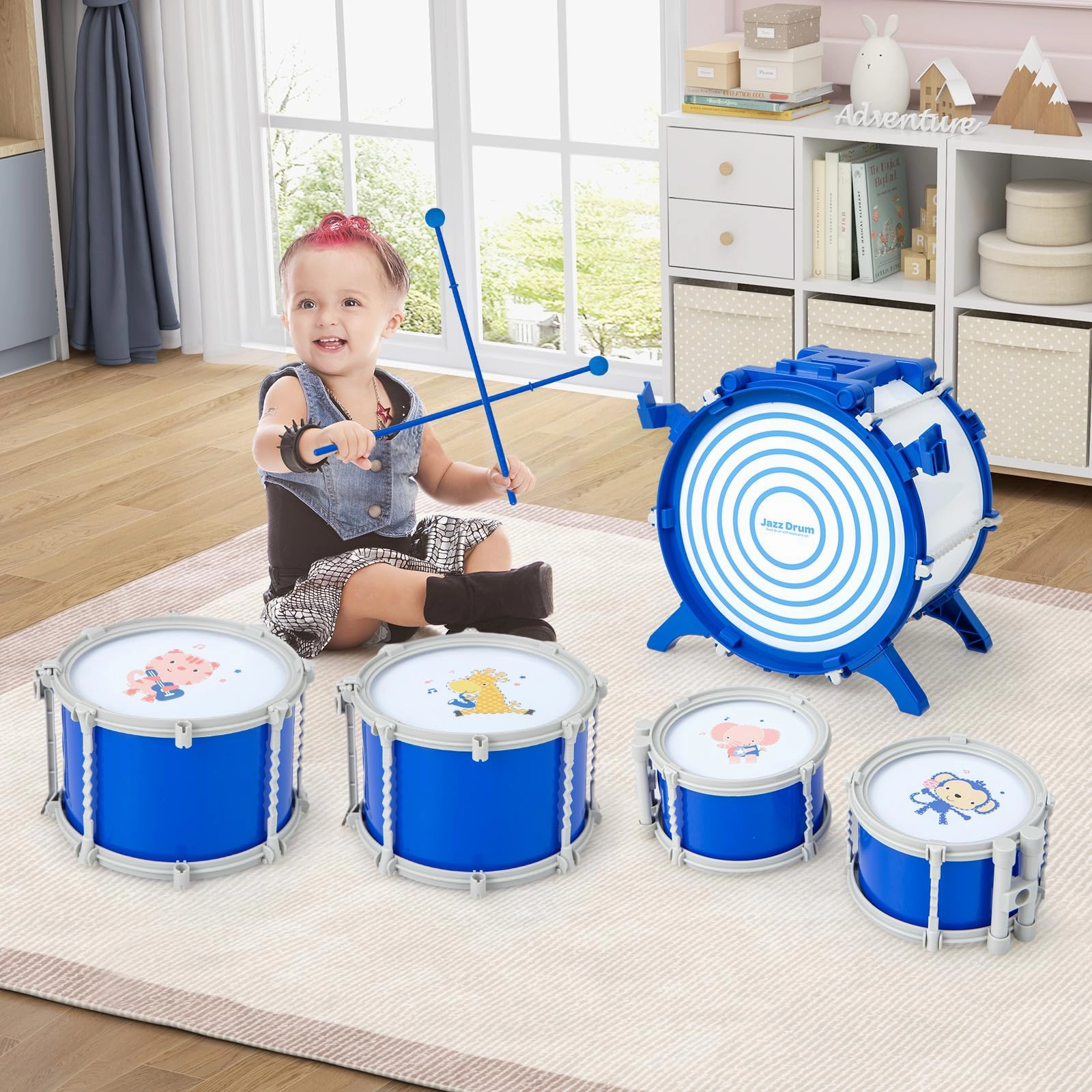 HONEY JOY Kids Drum Set Jazz Drum Kit with Bass Drum, 2 Middle Drums, 2 Snare Drums