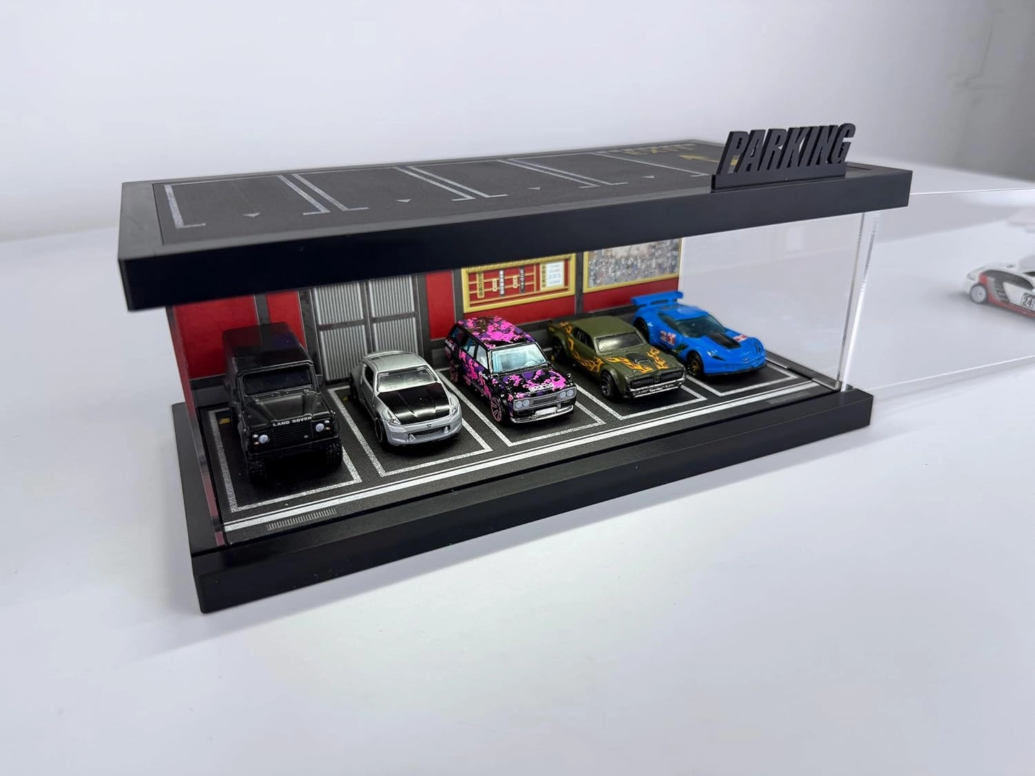 Hot Cars Wheels Display Case - 1/64 Scale Die-cast Model Car Display Case with LED Light and Acrylic Cover, Hot Diecast Wheels Parking Garage Dioramas with 9 Parking Spaces (JP Theater)