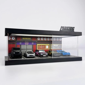 Hot Cars Wheels Display Case - 1/64 Scale Die-cast Model Car Display Case with LED Light and Acrylic Cover, Hot Diecast Wheels Parking Garage Dioramas with 9 Parking Spaces (JP Theater)