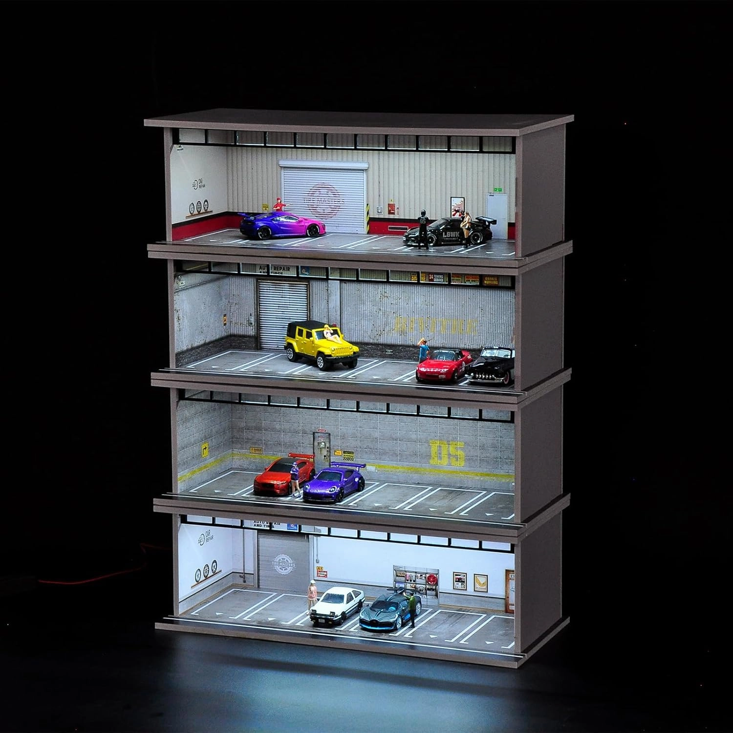 Hot Diecast Wheels Display Case - 1/64 Scale Model Car Display Case with LED Light and Acrylic Cover, Hot Diecast Wheels Parking Garage Dioramas with 6 Parking Spaces (1/64-6P86)