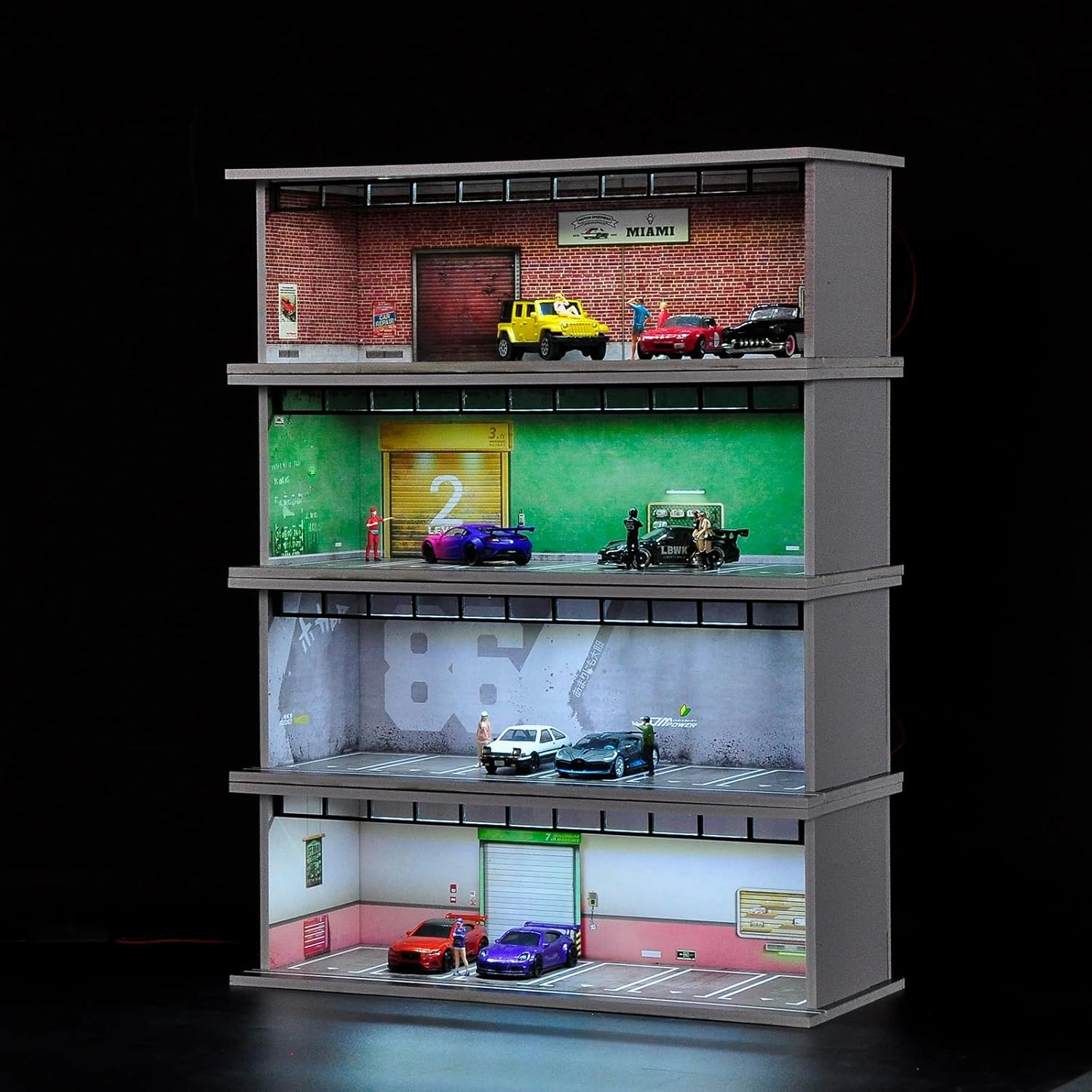 Hot Diecast Wheels Display Case - 1/64 Scale Model Car Display Case with LED Light and Acrylic Cover, Hot Diecast Wheels Parking Garage Dioramas with 6 Parking Spaces (1/64-6P86)