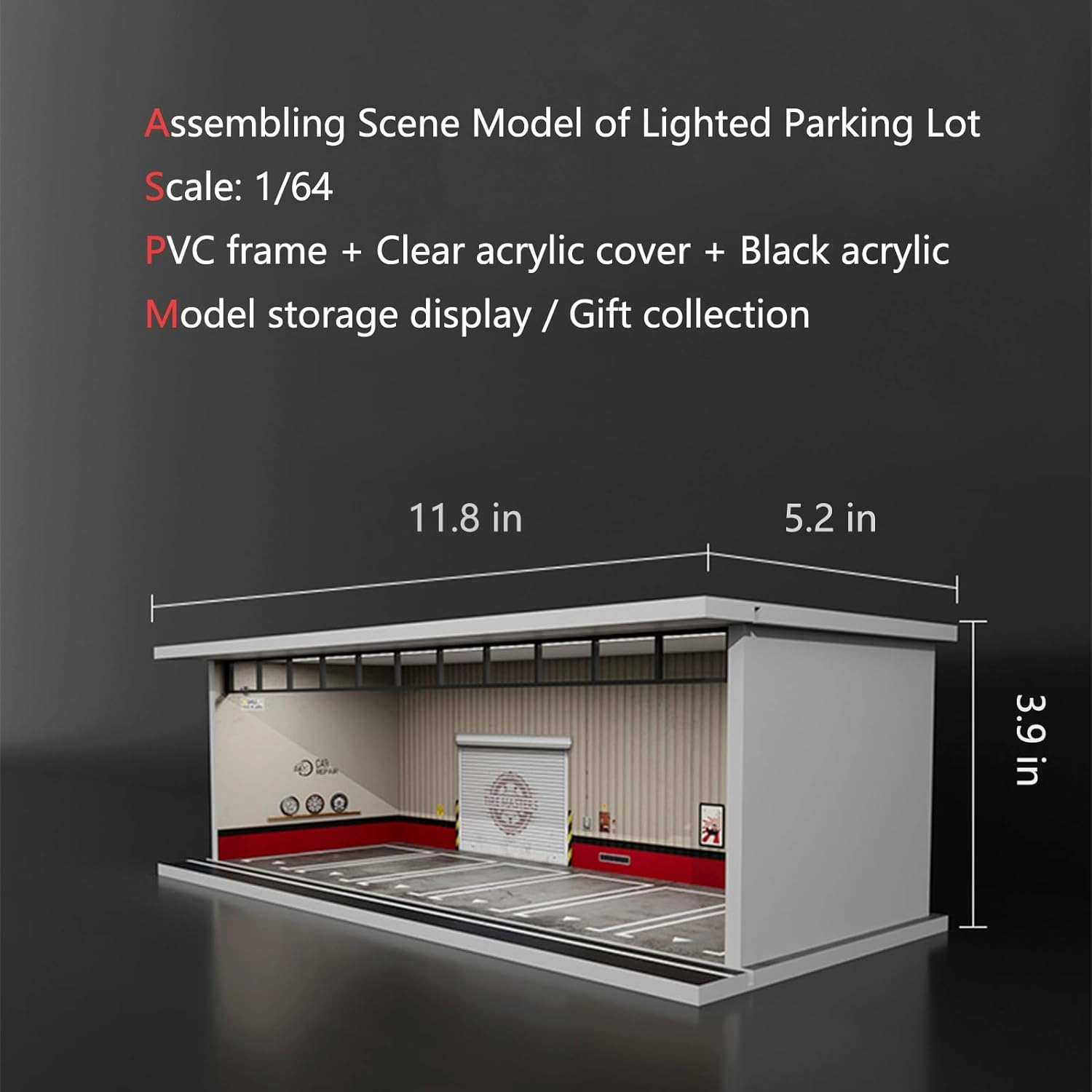 Hot Diecast Wheels Display Case - 1/64 Scale Model Car Display Case with LED Light and Acrylic Cover, Hot Diecast Wheels Parking Garage Dioramas with 6 Parking Spaces (1/64-6P86)