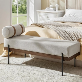 HULALA Home Modern Bedroom Bench, Upholstered Bench, Bedroom Bench with 1 Removeable Pillow & Sustainable Lelver, Transitional Bench with Metal Legs & High-Density Pads for Living Room (Ivory)