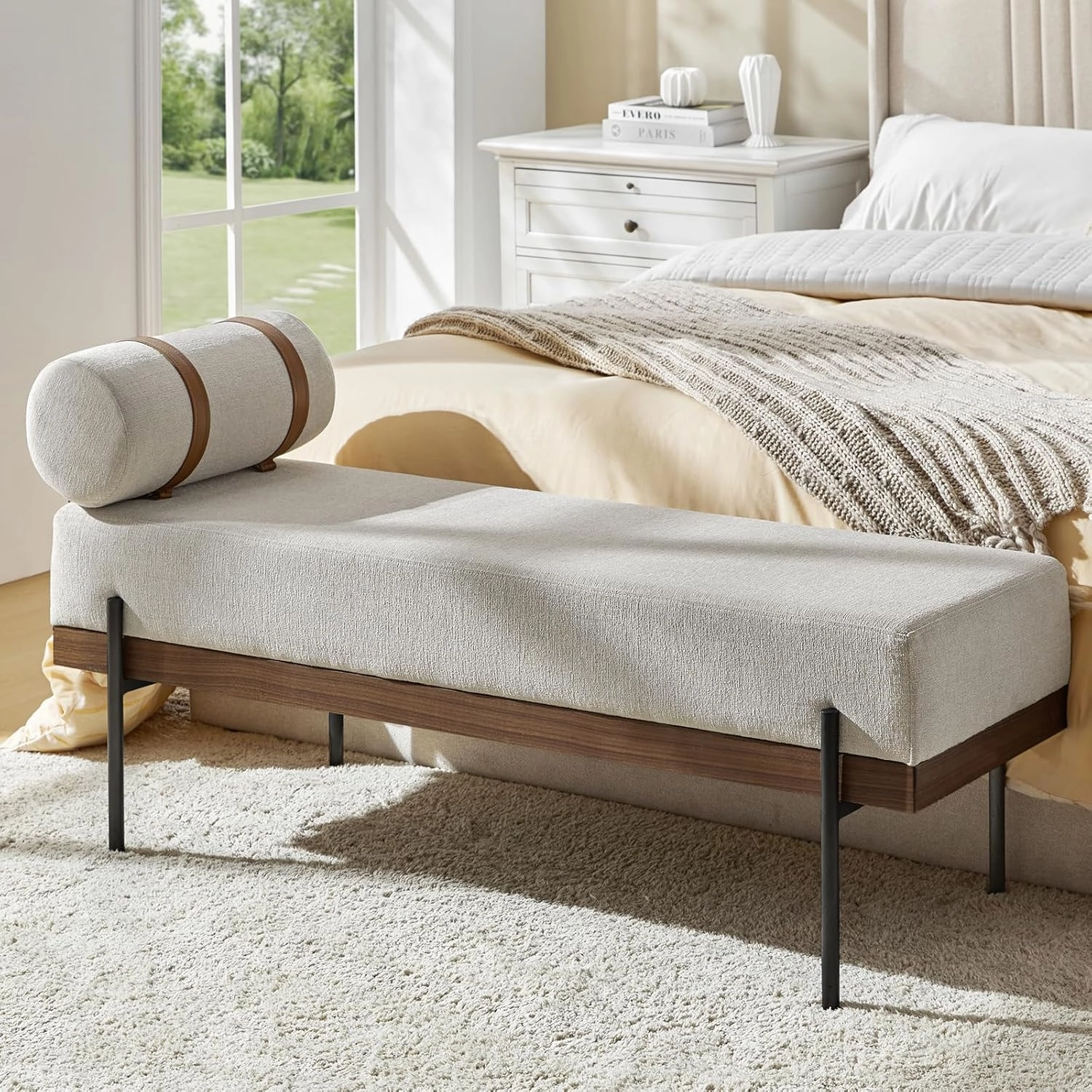 HULALA Home Modern Bedroom Bench, Upholstered Bench, Bedroom Bench with 1 Removeable Pillow & Sustainable Lelver, Transitional Bench with Metal Legs & High-Density Pads for Living Room (Ivory)