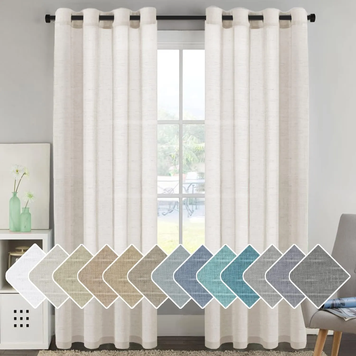 H.VERSAILTEX Curtains 96 inches Long Linen Curtains/Natural Linen Blended Sheer Curtain/Panels/Drapes for Living Room, Home Decorative Privacy Window Treatment Nickel Grommets, Natural
