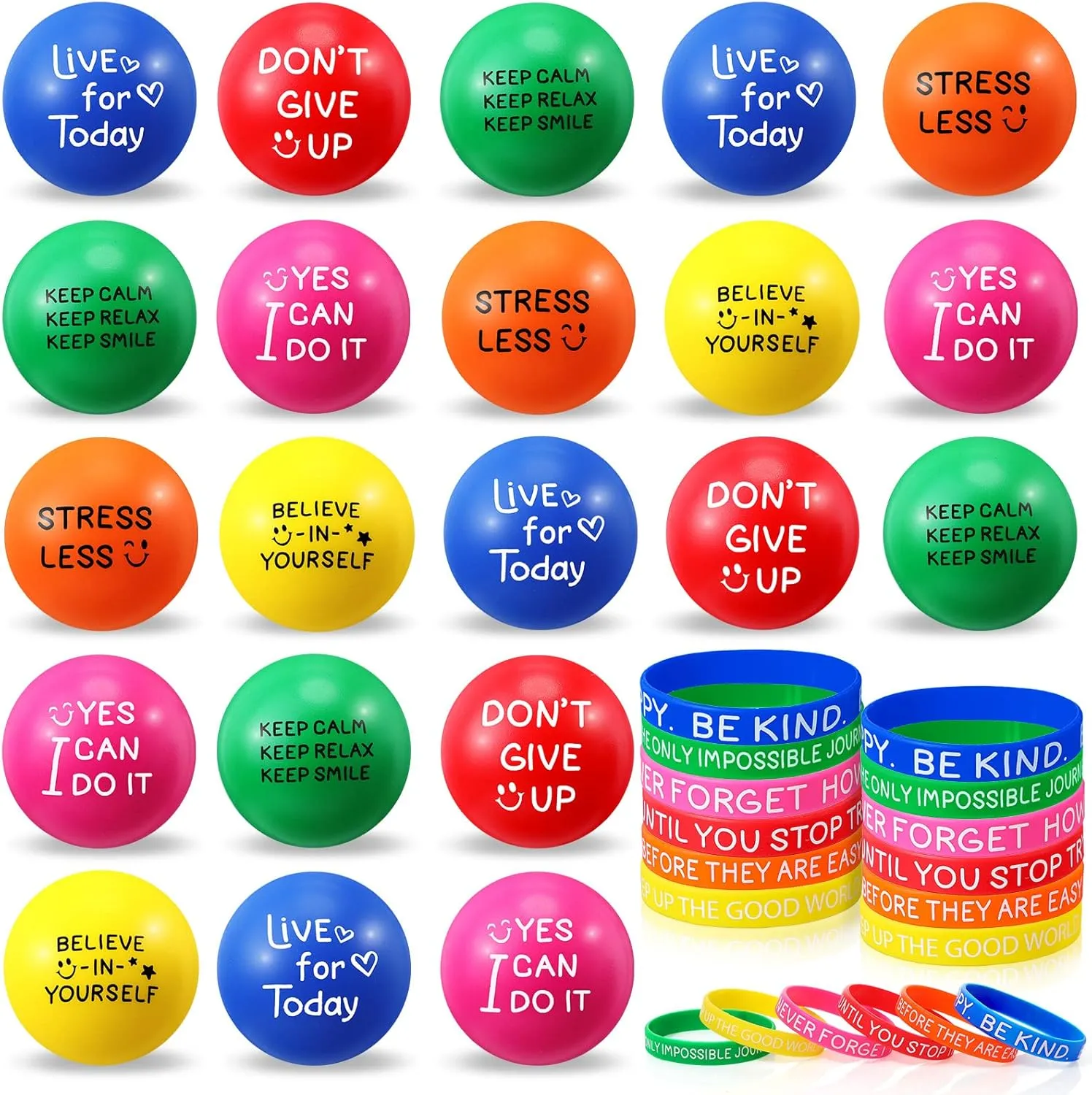 HyDren 72 Pcs/ 36 Pack Motivational Stress Balls Inspirational Silicone Bracelets Rubber Wristbands Bulk, Stress Relief Foam Balls for Classroom Coworker Employee Appreciation Gift Kids Party Favors