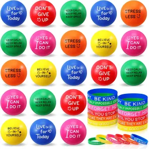 HyDren 72 Pcs/ 36 Pack Motivational Stress Balls Inspirational Silicone Bracelets Rubber Wristbands Bulk, Stress Relief Foam Balls for Classroom Coworker Employee Appreciation Gift Kids Party Favors