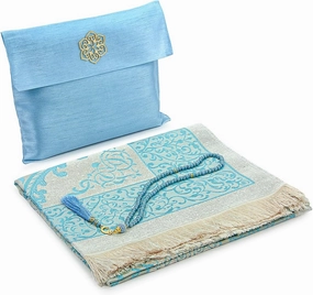 ihvan Online Muslim Prayer Rug and Beads with Portable Elegant Fabric Bag, Janamaz, Sajadah, Soft Islamic Prayers Rug, Islamic Gifts for Eid Ramadan, Travel Prayer Carpet Mat, Taffeta Fabric, Blue
