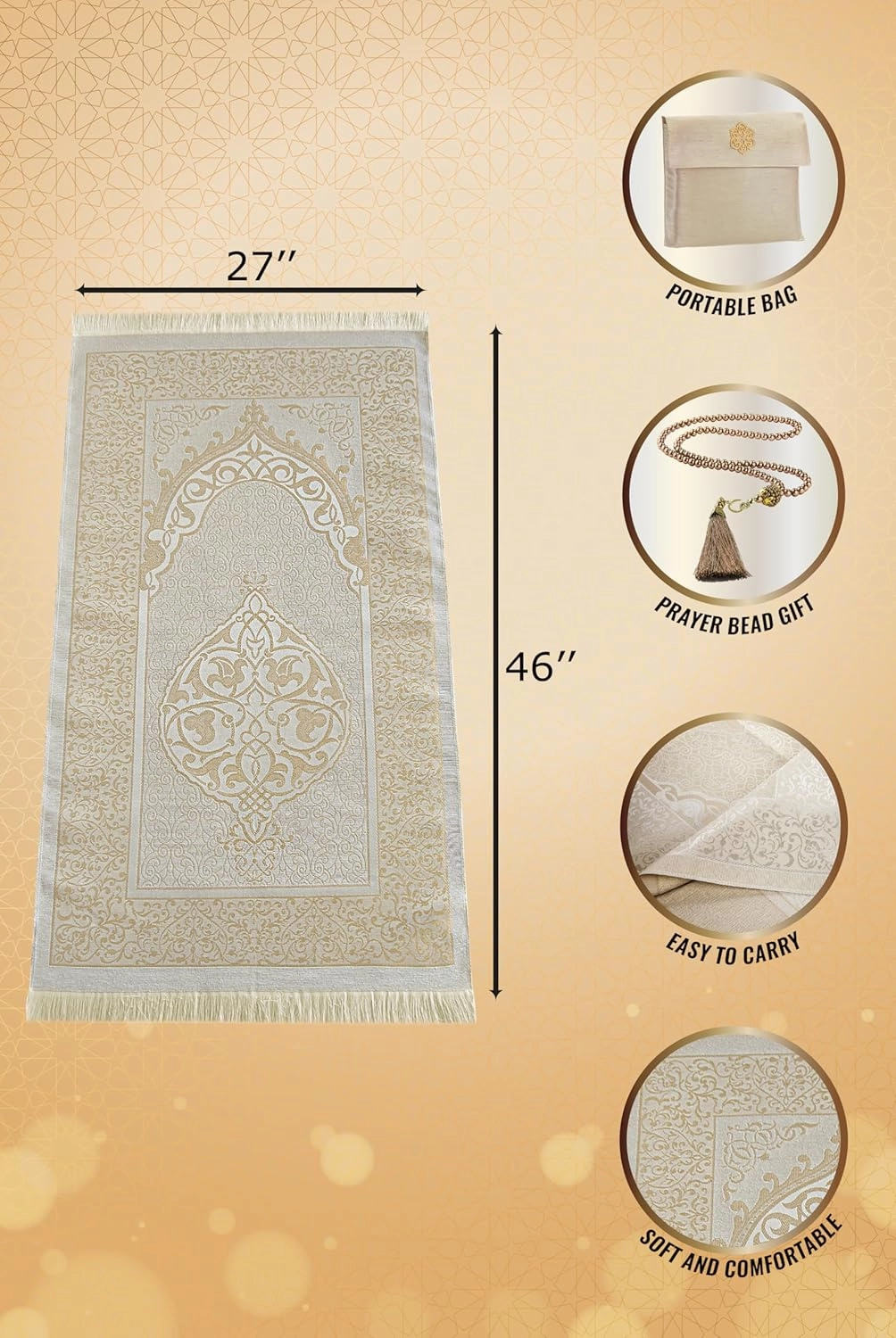 ihvan Online Muslim Prayer Rug and Beads with Portable Elegant Fabric Bag, Janamaz, Sajadah, Soft Islamic Prayers Rug, Islamic Gifts for Eid Ramadan, Travel Prayer Carpet Mat, Taffeta Fabric, Blue