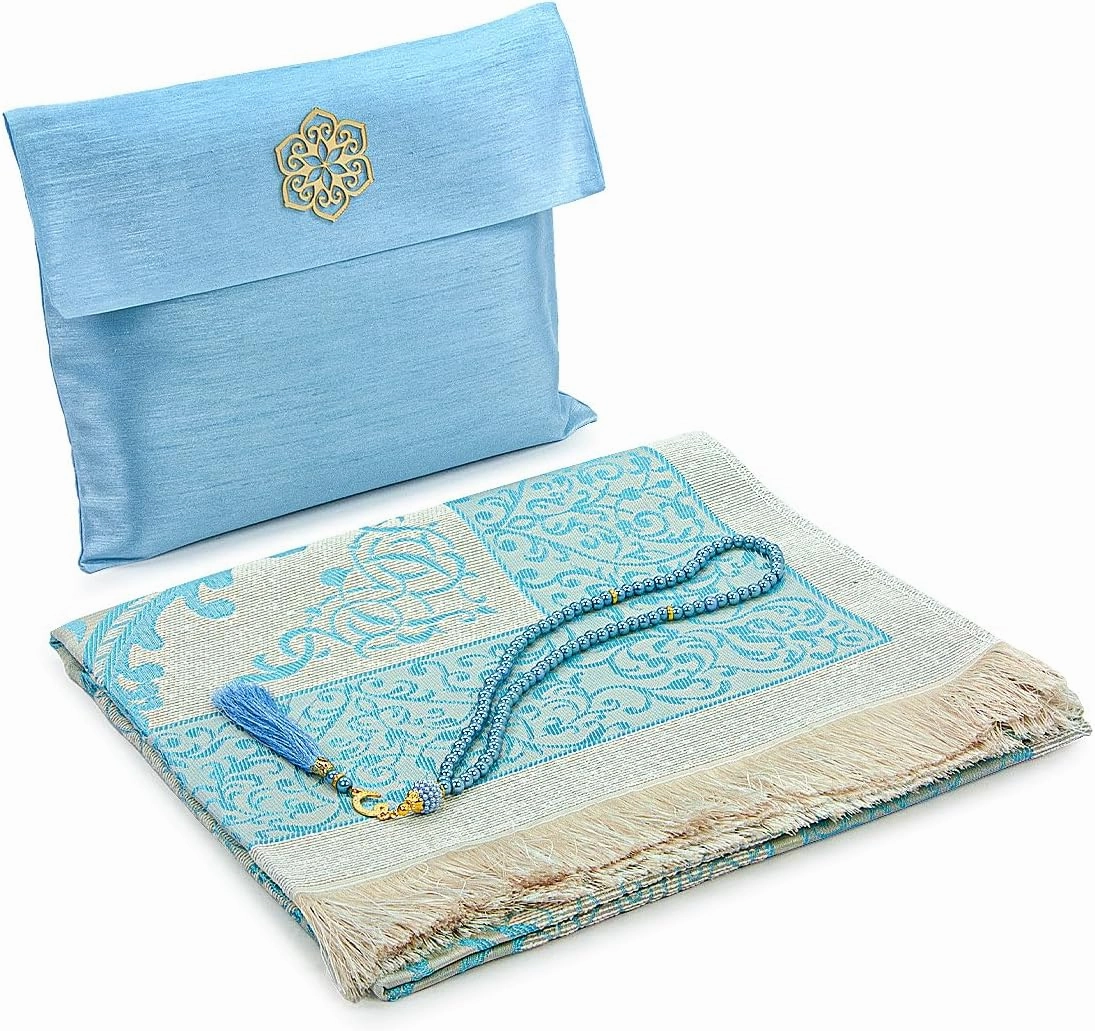 ihvan Online Muslim Prayer Rug and Beads with Portable Elegant Fabric Bag, Janamaz, Sajadah, Soft Islamic Prayers Rug, Islamic Gifts for Eid Ramadan, Travel Prayer Carpet Mat, Taffeta Fabric, Blue