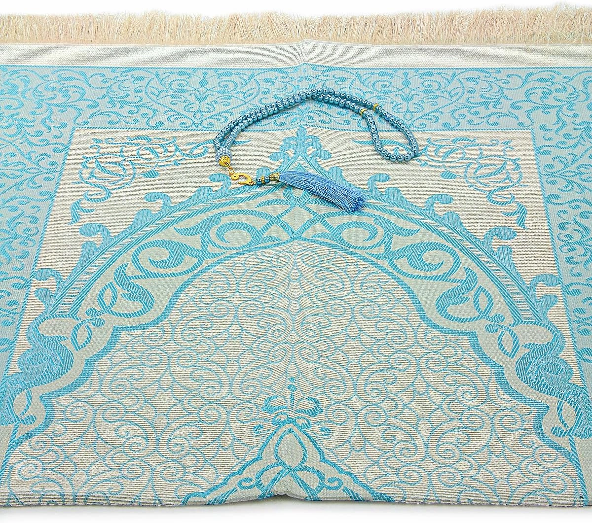 ihvan Online Muslim Prayer Rug and Beads with Portable Elegant Fabric Bag, Janamaz, Sajadah, Soft Islamic Prayers Rug, Islamic Gifts for Eid Ramadan, Travel Prayer Carpet Mat, Taffeta Fabric, Blue