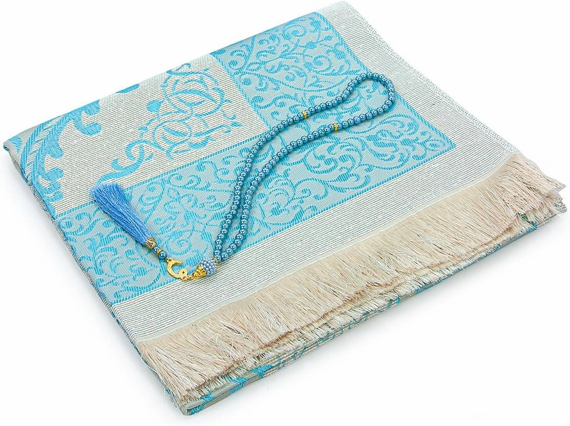 ihvan Online Muslim Prayer Rug and Beads with Portable Elegant Fabric Bag, Janamaz, Sajadah, Soft Islamic Prayers Rug, Islamic Gifts for Eid Ramadan, Travel Prayer Carpet Mat, Taffeta Fabric, Blue