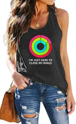 I'm Just Here to Close My Rings Tank Tops Women Rainbow Racerback Workout Tank Top Funny Letter Print Gym Tank