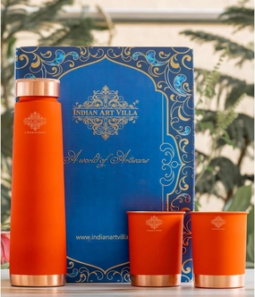 Indian Art Villa Copper Bottle & Glass Gift Set -1 Bottle (27 Oz) & 2 Glasses (10 Oz Each) - Orange Pyramid Ombre Silk Finish, Ideal for Gifting & Everyday Use