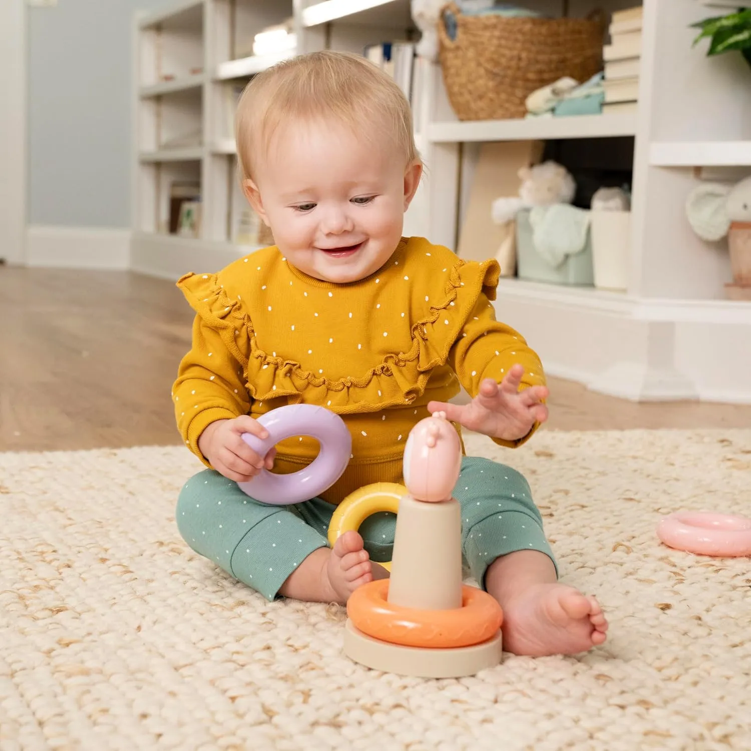 Ingenuity ity Cutie Stacks, 4 BPA-Free Rings, Faux Wood Stand, Owl Topper, Unisex, for Ages 6 Months and Up - Nally (Pack of 2)