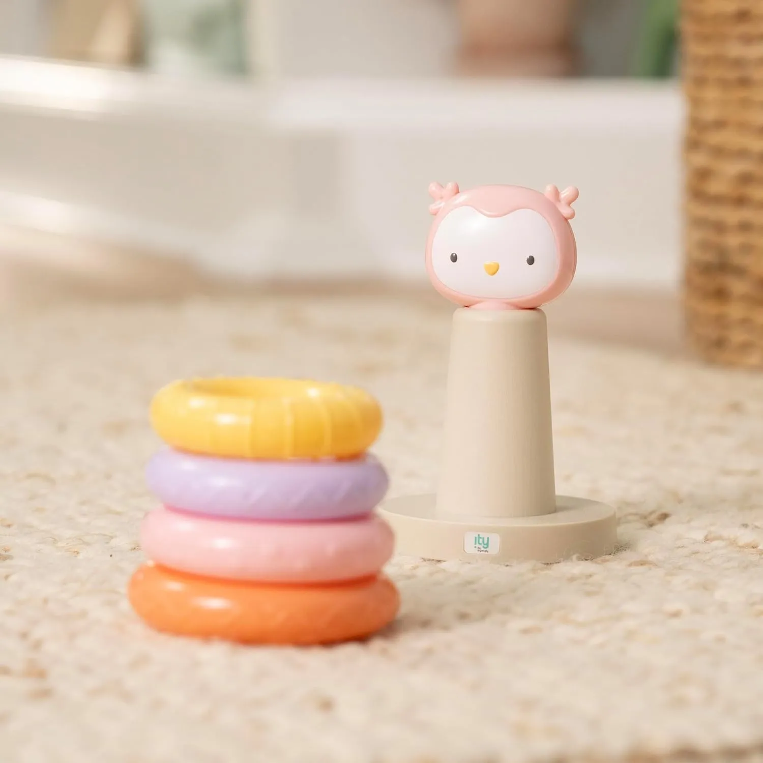 Ingenuity ity Cutie Stacks, 4 BPA-Free Rings, Faux Wood Stand, Owl Topper, Unisex, for Ages 6 Months and Up - Nally (Pack of 2)