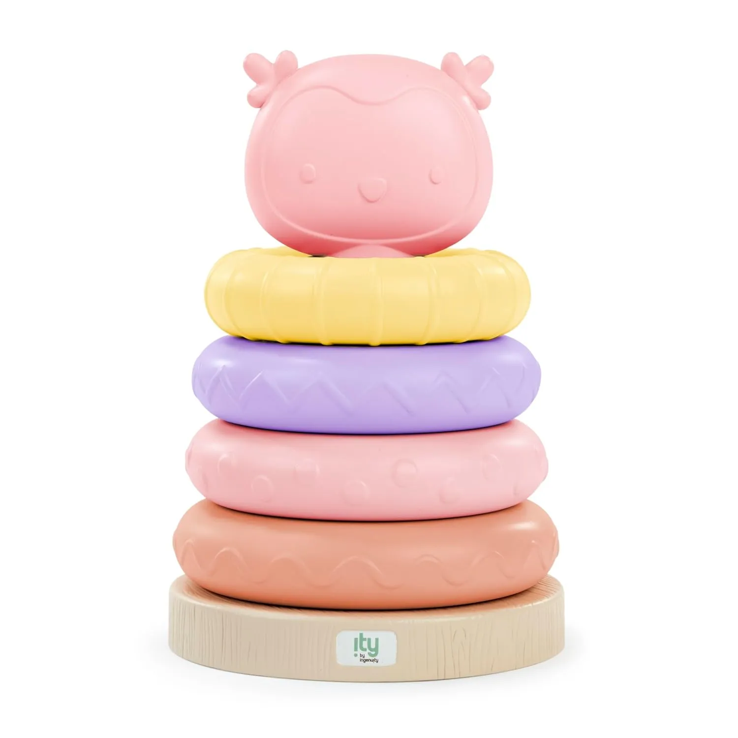 Ingenuity ity Cutie Stacks, 4 BPA-Free Rings, Faux Wood Stand, Owl Topper, Unisex, for Ages 6 Months and Up - Nally (Pack of 2)