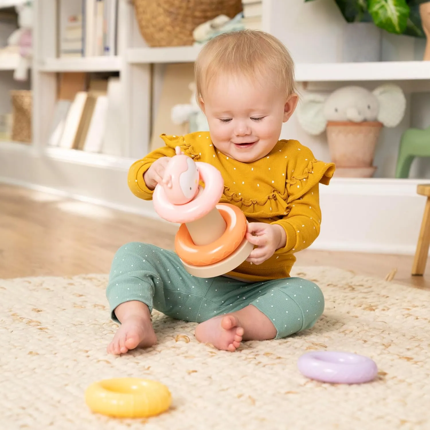 Ingenuity ity Cutie Stacks, 4 BPA-Free Rings, Faux Wood Stand, Owl Topper, Unisex, for Ages 6 Months and Up - Nally (Pack of 2)