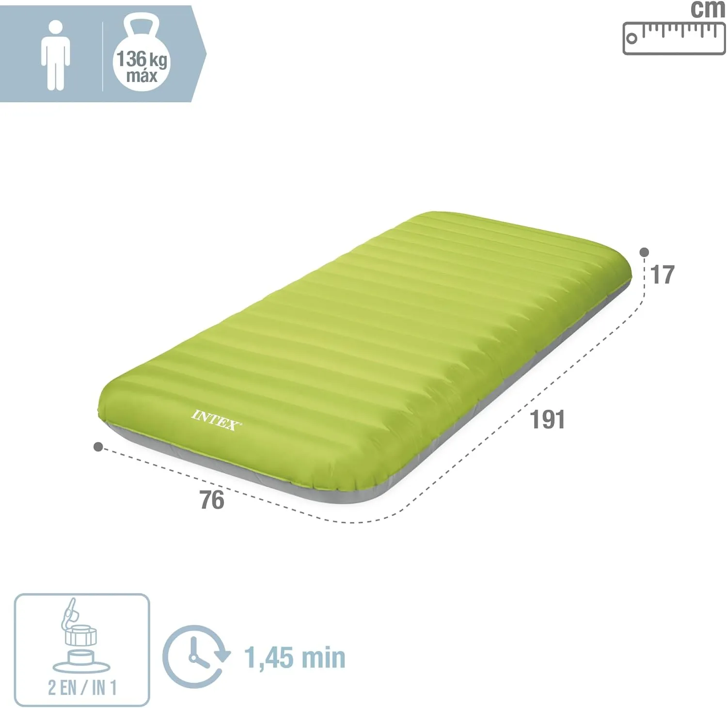 Intex Premaire Dura-Beam Camping Mat w/ USB150, Inflated Size: 76cm x 1.91m x 17cm (64097NP)