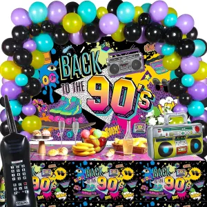 Irenare 85 Pcs 80s 90s 50s Party Decorations 90's Party Bundle Includes Inflatable Radio Boombox and Mobile Phone, Back to 1990s 50s Backdrop, Tablecloth, 75 Pcs Balloons for Hip Hop (90s Style)