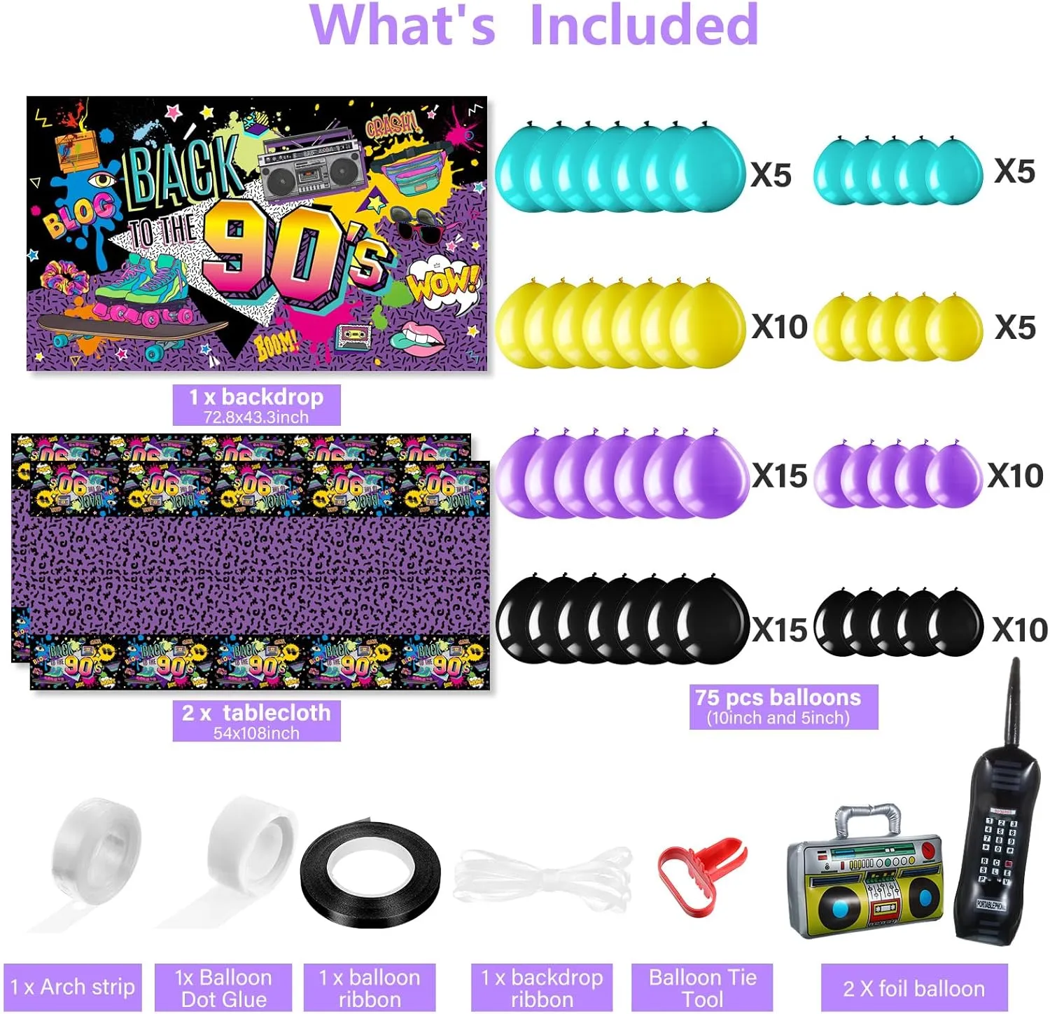 Irenare 85 Pcs 80s 90s 50s Party Decorations 90's Party Bundle Includes Inflatable Radio Boombox and Mobile Phone, Back to 1990s 50s Backdrop, Tablecloth, 75 Pcs Balloons for Hip Hop (90s Style)