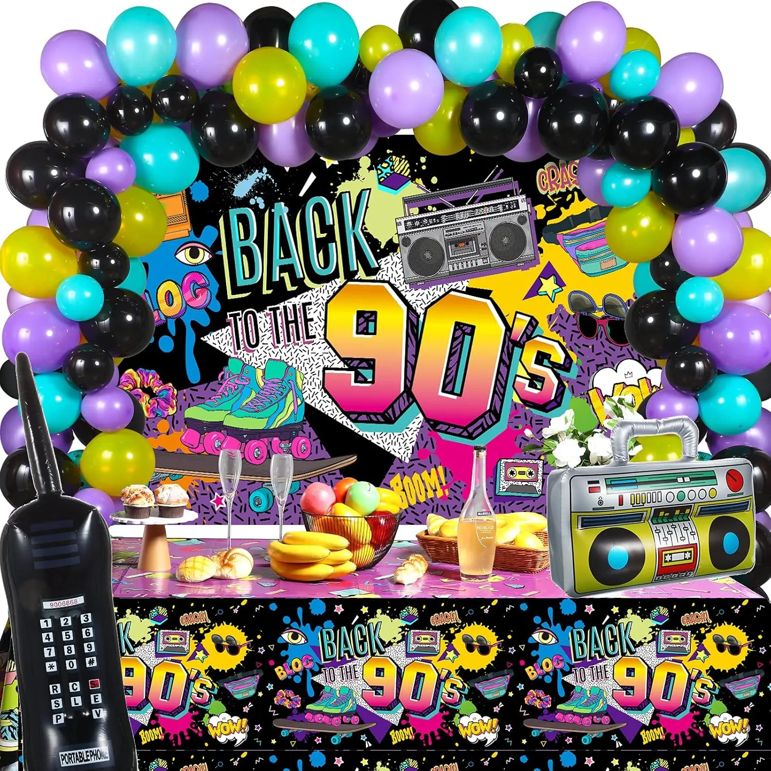Irenare 85 Pcs 80s 90s 50s Party Decorations 90's Party Bundle Includes Inflatable Radio Boombox and Mobile Phone, Back to 1990s 50s Backdrop, Tablecloth, 75 Pcs Balloons for Hip Hop (90s Style)