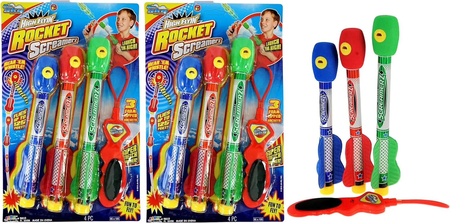 JA-RU Whistling Rocket Launcher for Kids w/Rubber Band Slingshot (2 Pack, 6 Rockets) Flying Foam Rocket Launcher Toy. Kids Outdoor Toys. Goodie Bag Stuffers. 5810-2p