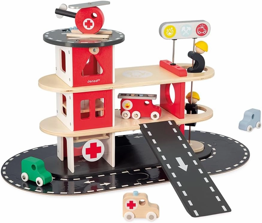 Janod - Bolid Wooden Fire Station - 5 Vehicles Included - Imagination and Fine Motor Skills - Water-Based Paints - 2 Years   J04639