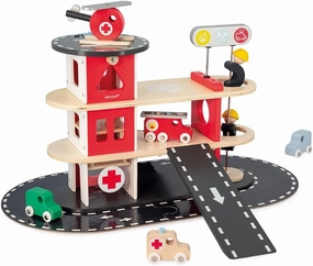 Janod - Bolid Wooden Fire Station - 5 Vehicles Included - Imagination and Fine Motor Skills - Water-Based Paints - 2 Years   J04639