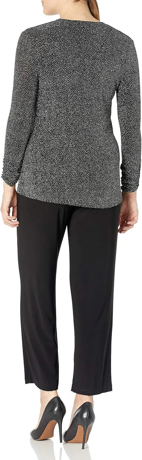 Jessica Howard Women's Petite 3 Piece 3/4 Sleeve Drape Jackett with Cami and Pant Set