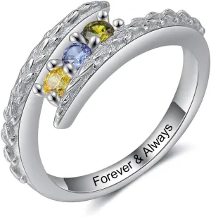 JewelOra Personalized Family Mothers Rings with 3 Simulated Birthstones Customized Name Rings for Women Engraved Name Anniversary Rings for Grandma